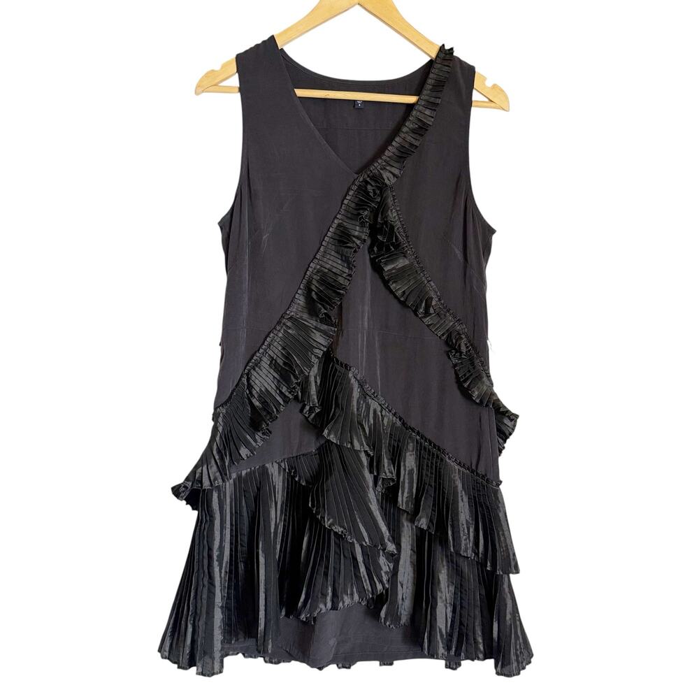 Gap Black Sleeveless Asymmetric Pleated Ruffled V-Neck Shift Mini Dress Size 6